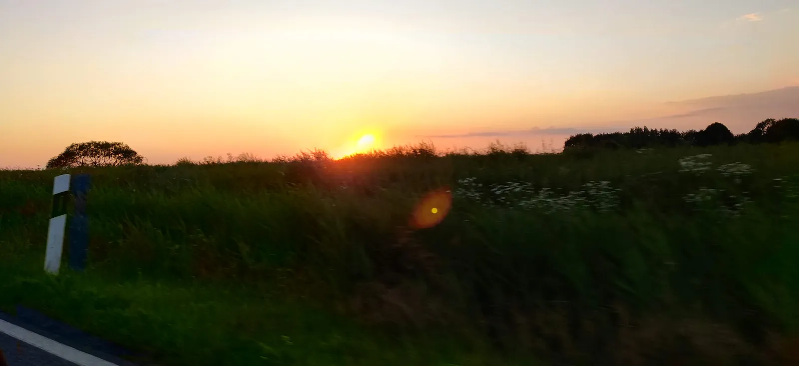 Die Sonne geht hinter den Wiesen am Deich bei Carolinensiel unter