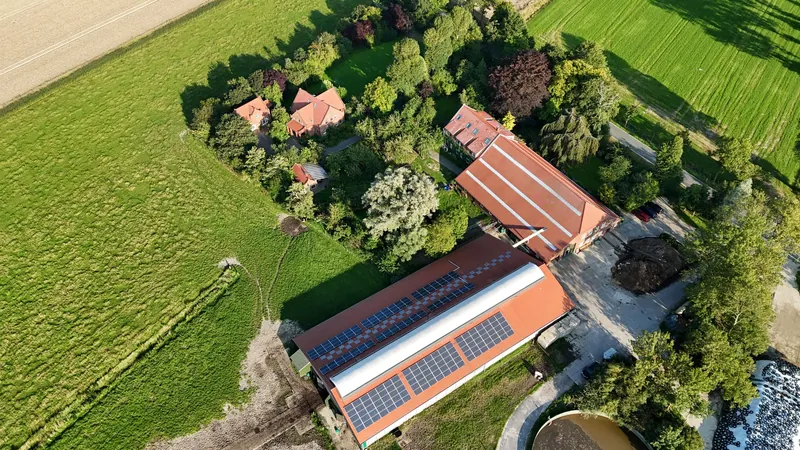 Der ganze Hof im Abendlicht von oben, umgeben von Wiesen