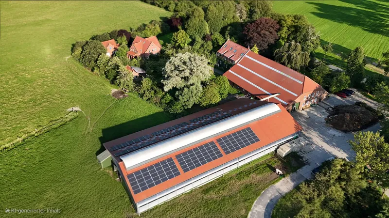 Der Hof mit Laufstall, Garten und Wiesen in der Abendsonne von oben